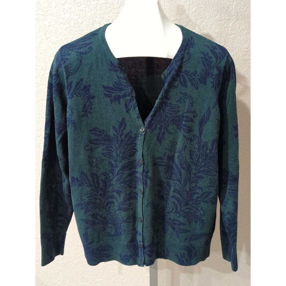 Croft & Barrow Womens Green Navy Floral Paisley Button Front Sweater Cardigan XL